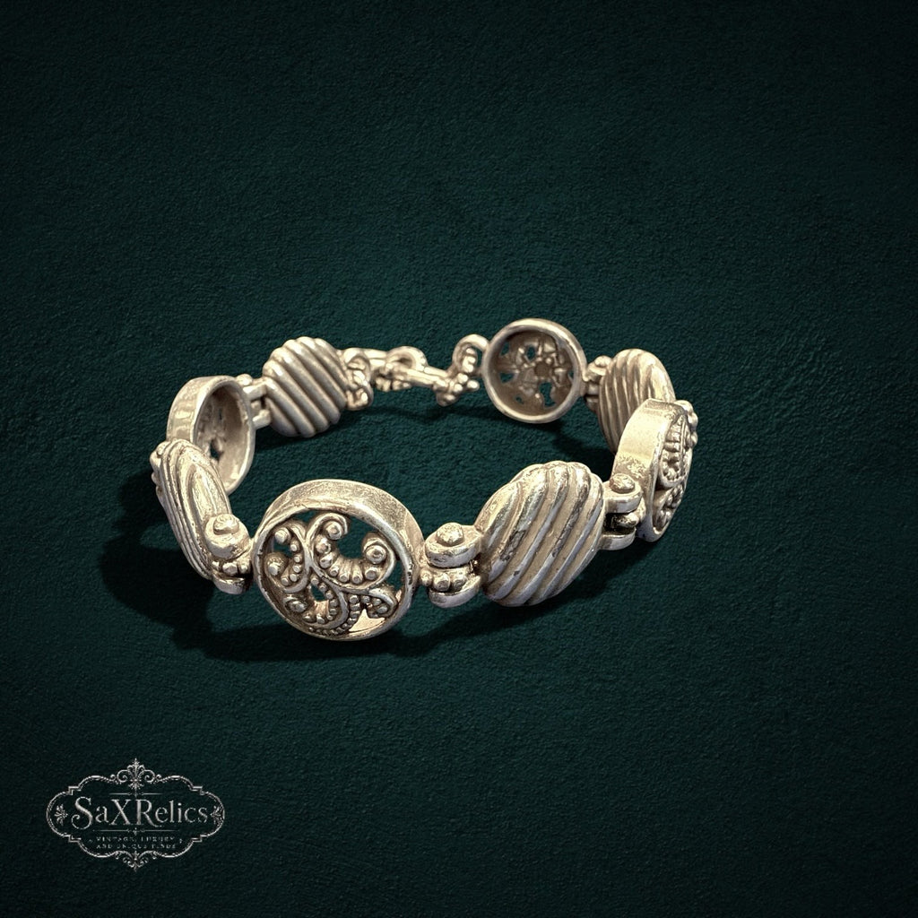 SaX Relics Brighton silver-plated bracelet with openwork filigree medallions and ribbed circular links