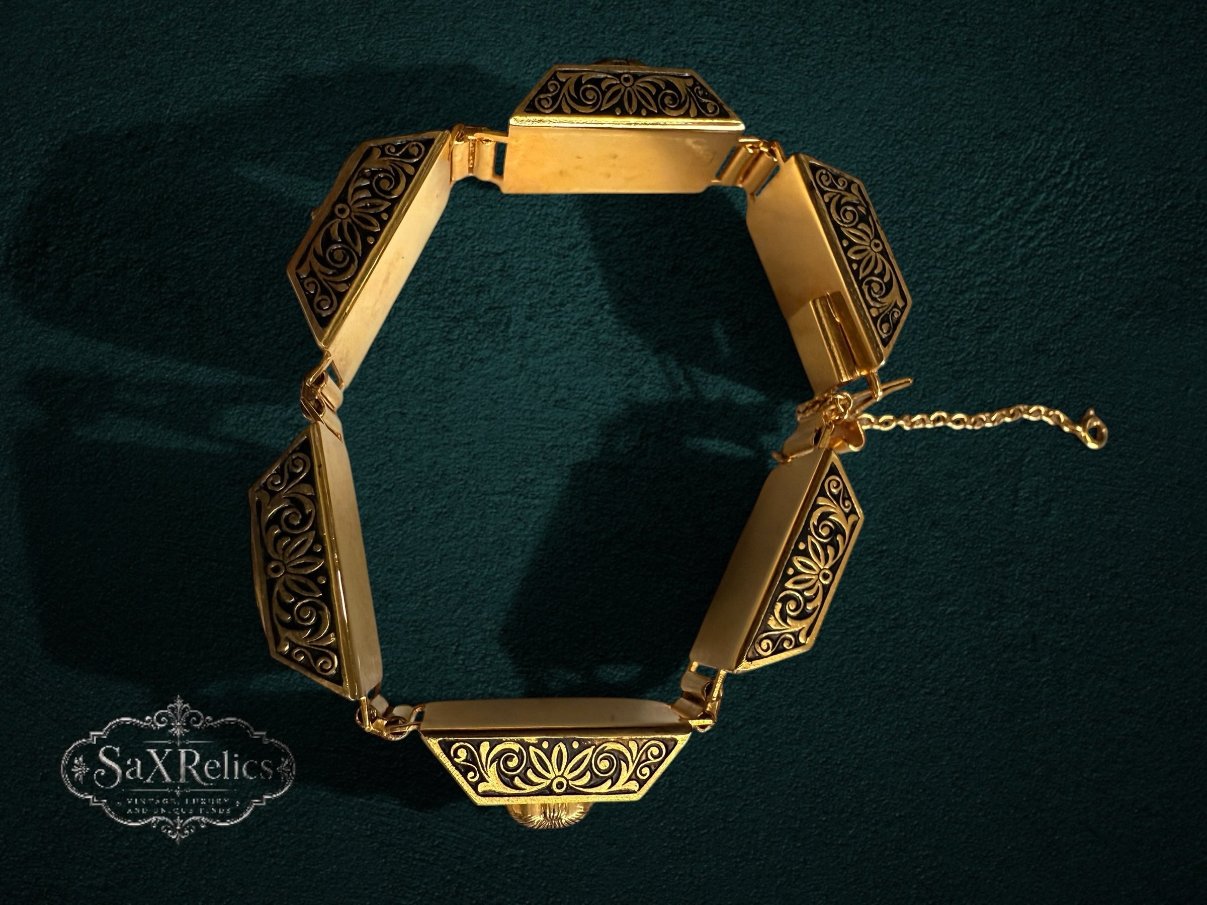My Store vintage-inspired link bracelet featuring cream resin panels with ornate gold-tone filigree and butterfly motifs.