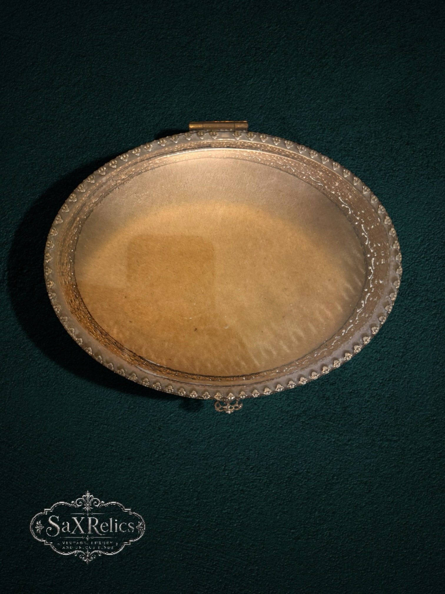 My Store ornate vintage oval gold-tone metal trinket box with intricate filigree scrollwork and velvet lining