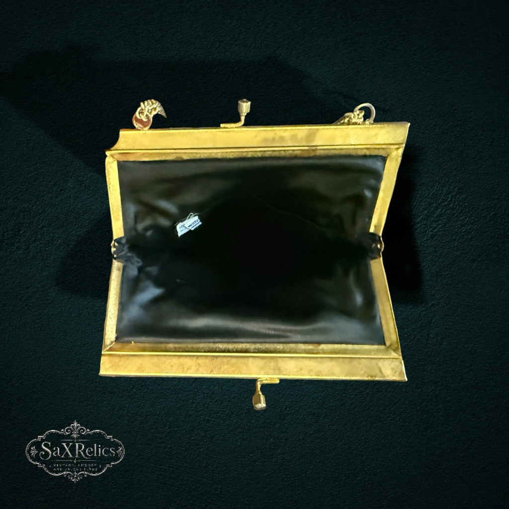 My Store vintage evening handbag interior with black lining and gold-tone metal kiss-lock frame