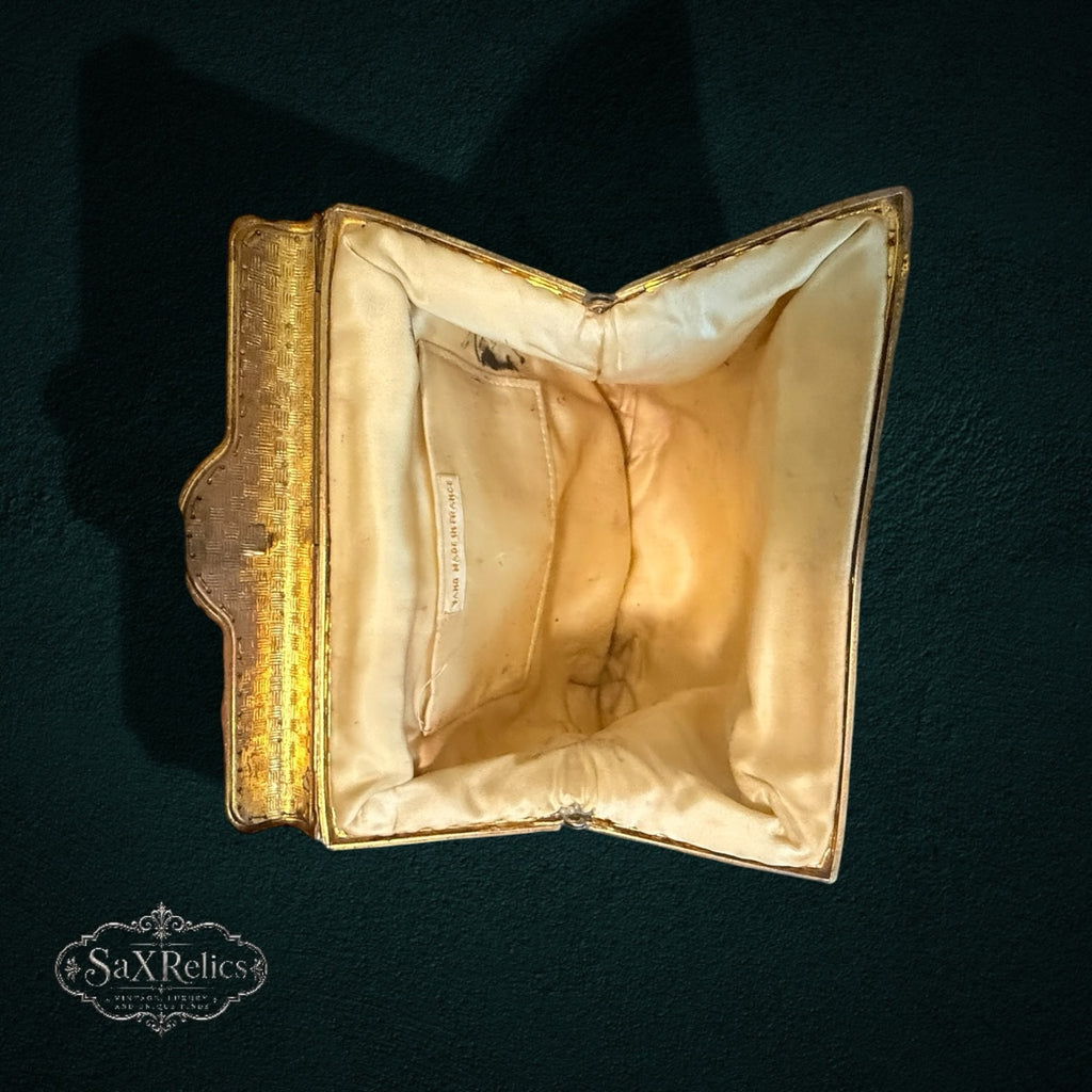 My Store vintage French evening handbag interior with cream fabric lining and gold-tone metal frame