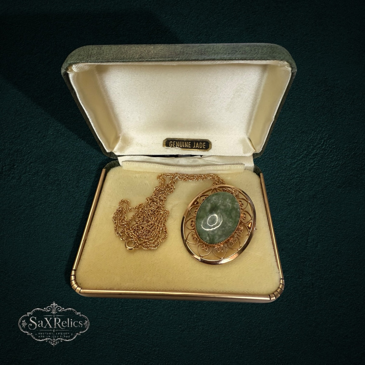 My Store vintage 12k gold-filled filigree pendant and brooch featuring a polished green jade stone in a display box.