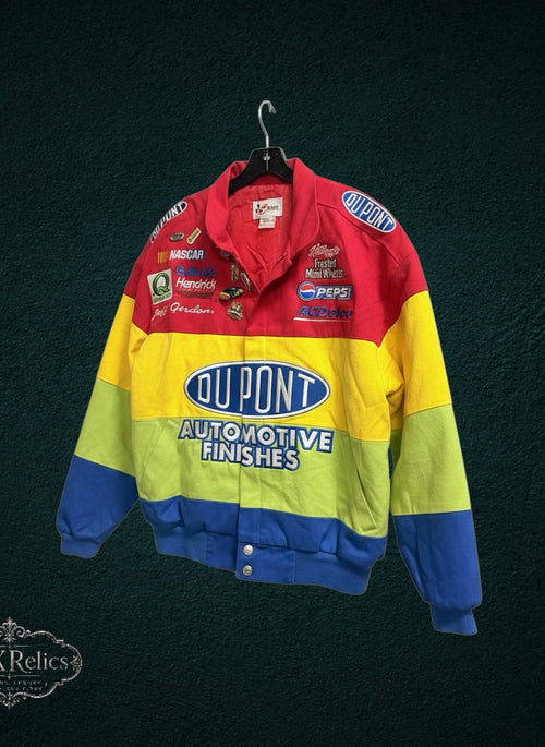 My Store vintage Jeff Gordon Chase Authentics NASCAR racing jacket with colorful embroidered sponsor patches.
