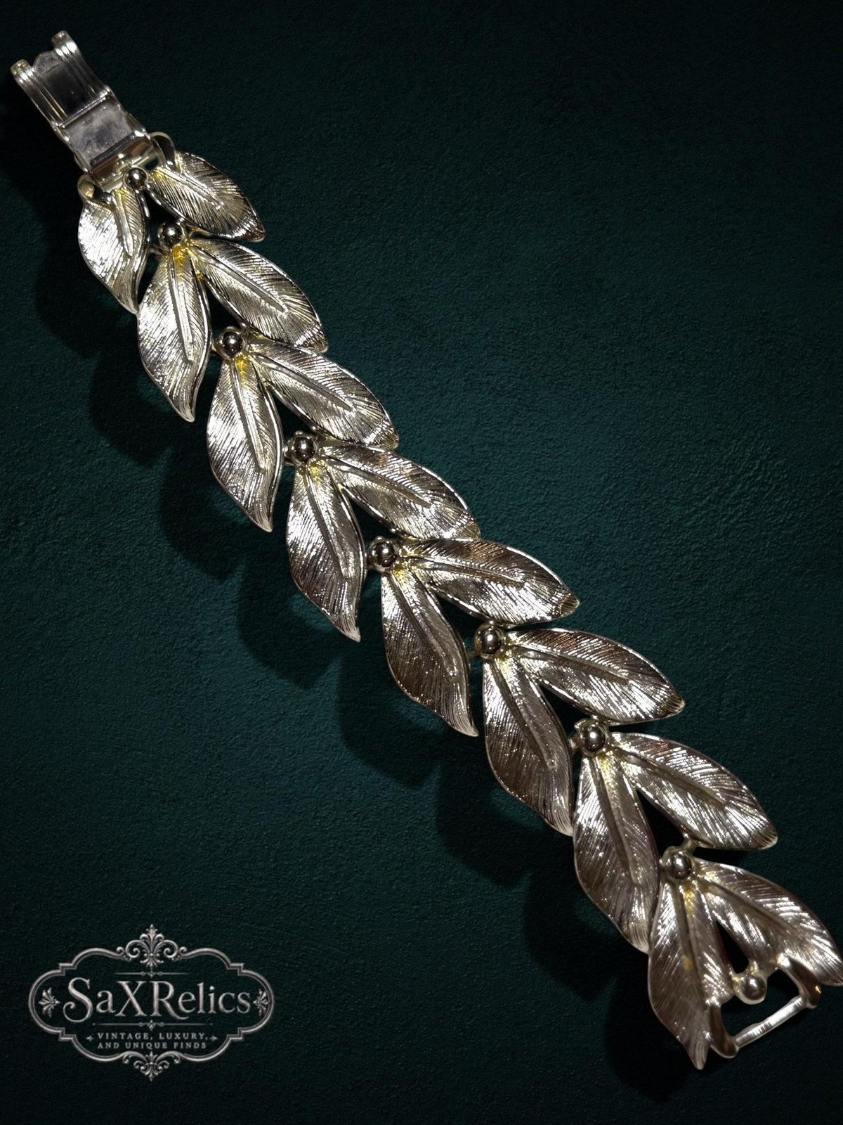 My Store vintage-style silver-tone leaf link bracelet with textured botanical details and metallic bead accents