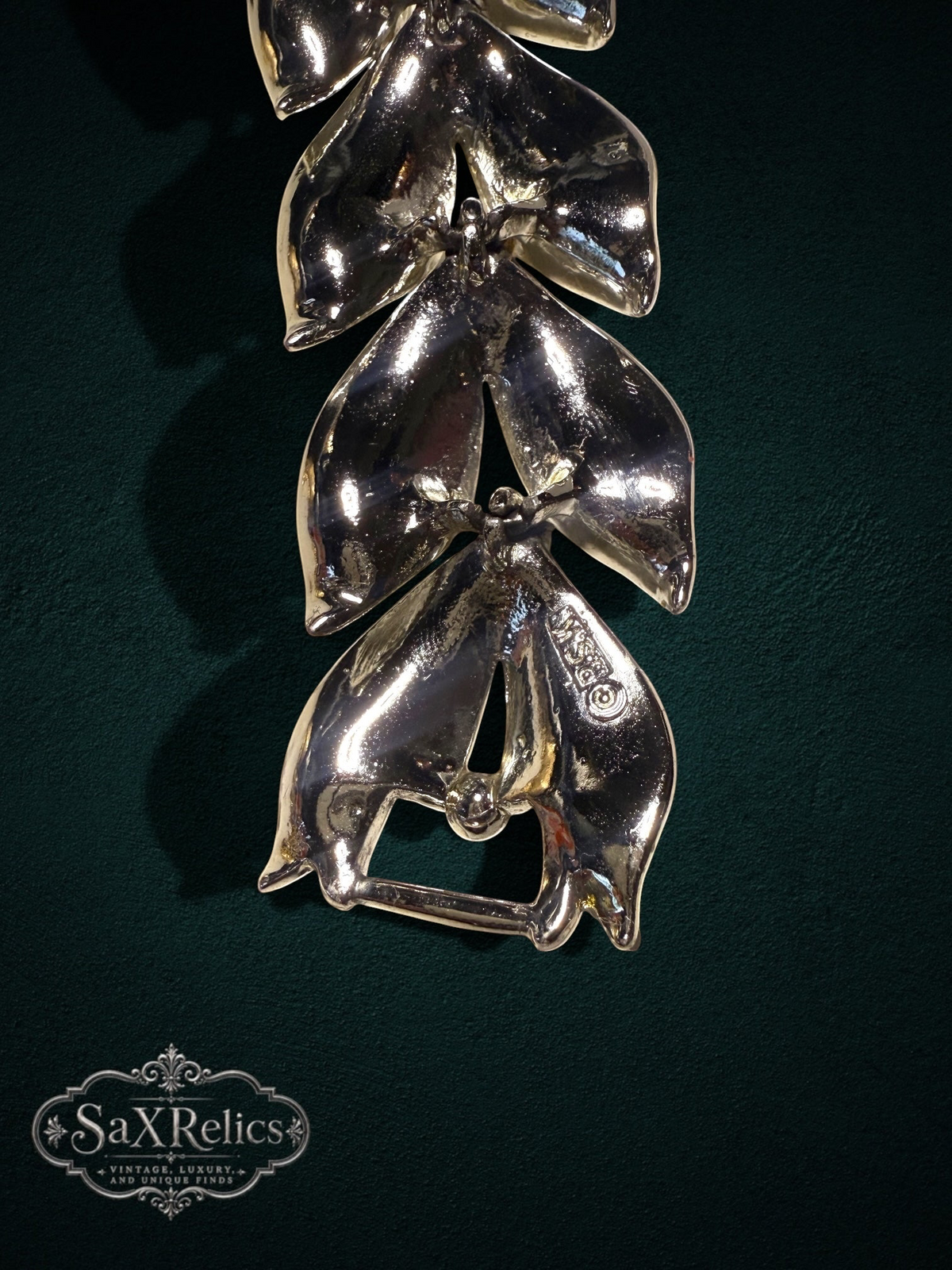 My Store vintage-inspired silver-tone link bracelet featuring an intricate botanical leaf design with metallic beads.