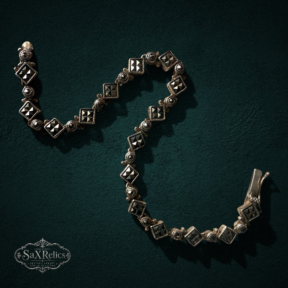 SaX Relics — Rocío sterling silver bracelet with square pyramid-faceted marcasite links.