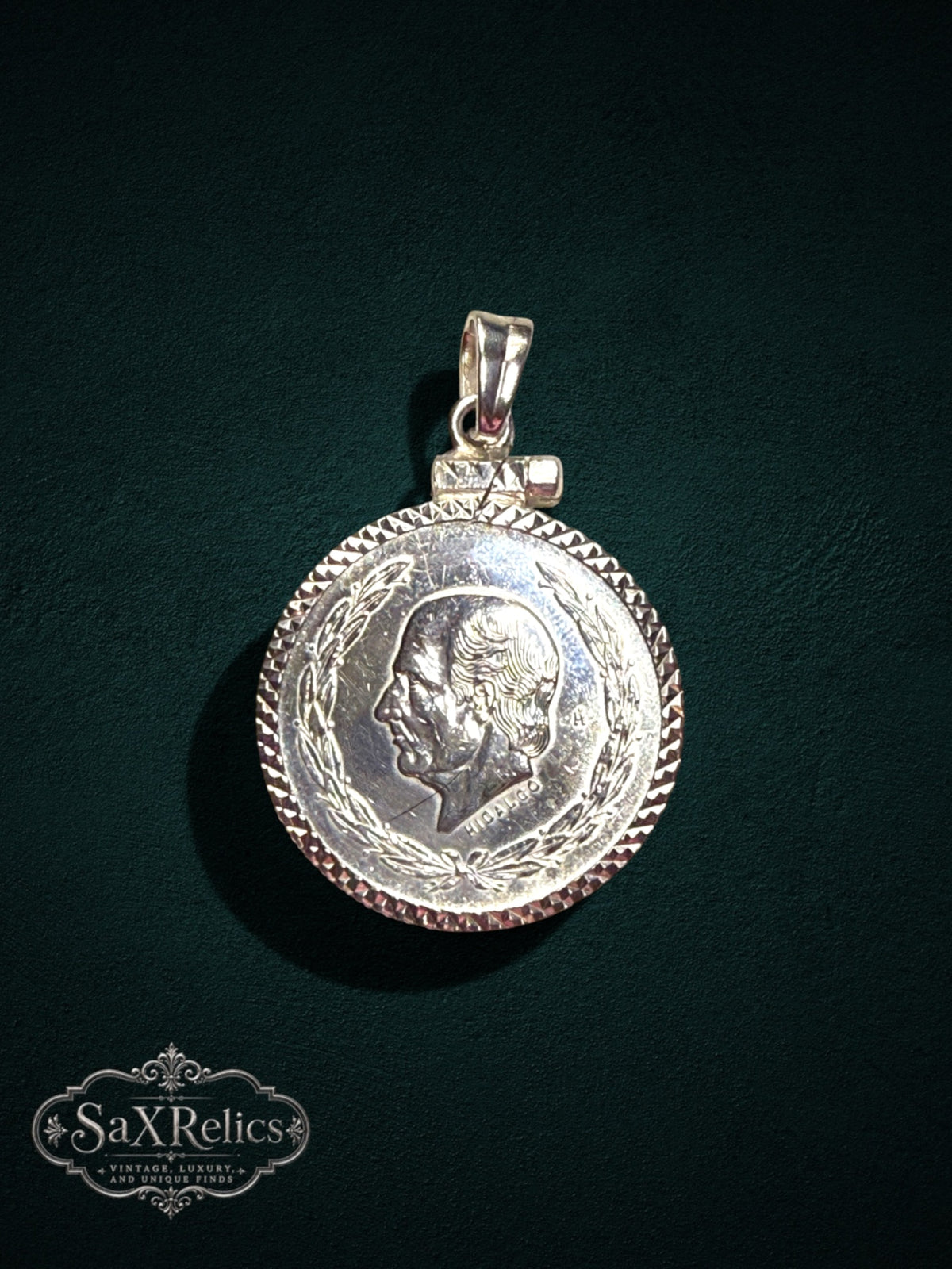 My Store vintage 1953 Mexican Cinco Pesos silver coin pendant featuring Miguel Hidalgo in a textured bezel frame
