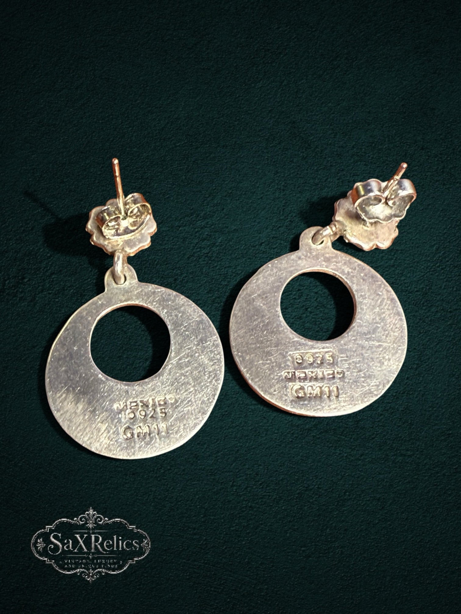 My Store vintage Mexican sterling silver circular drop earrings with hand-engraved floral motifs and post-back studs.