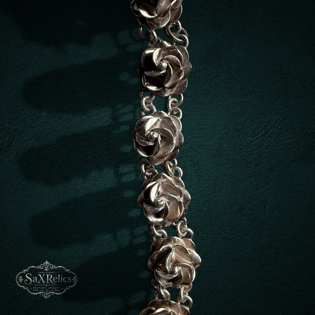 SaX Relics — Rosal vintage Mexican sterling silver rose garland necklace, full length shown.