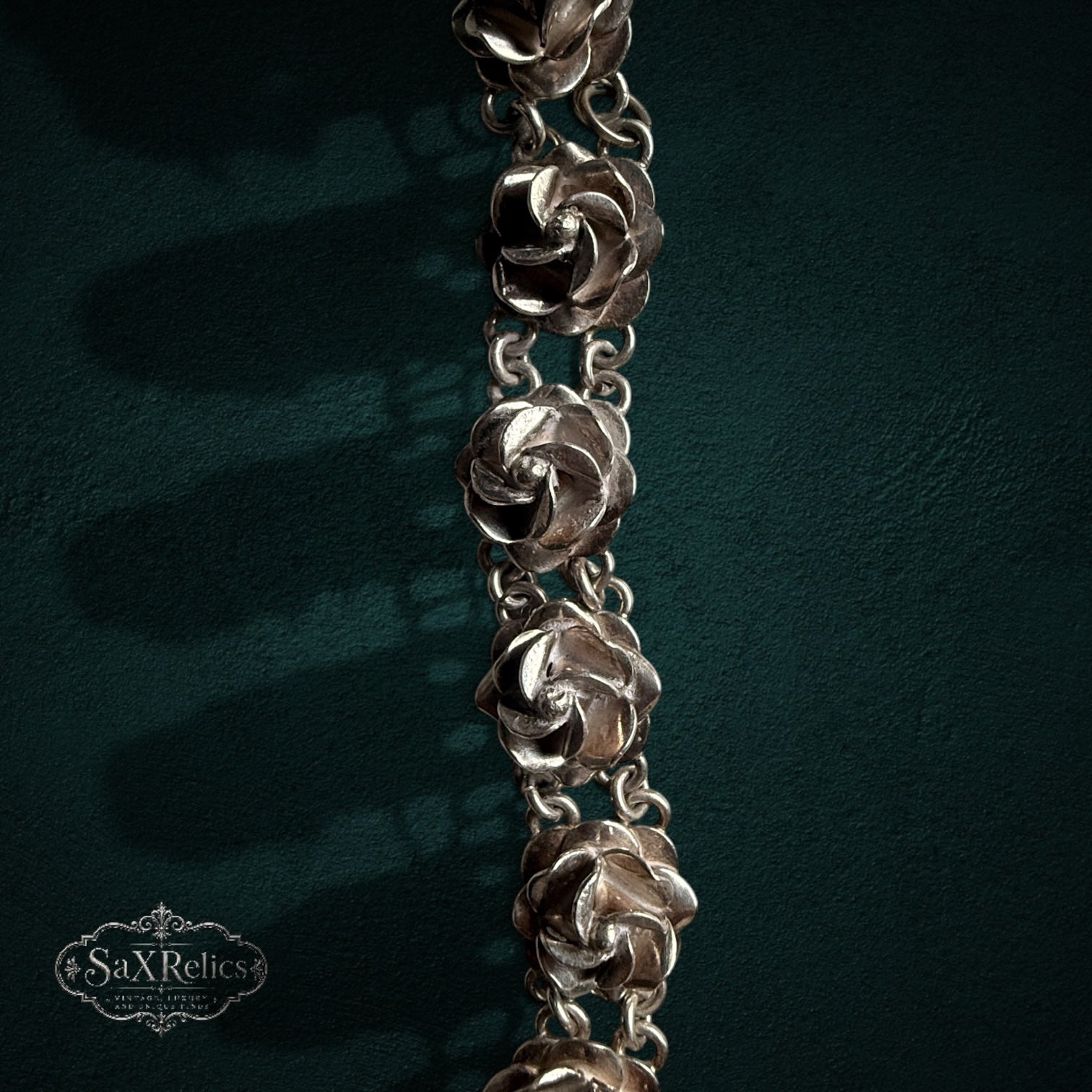 SaX Relics — Rosal vintage Mexican sterling silver rose garland necklace, full length shown.