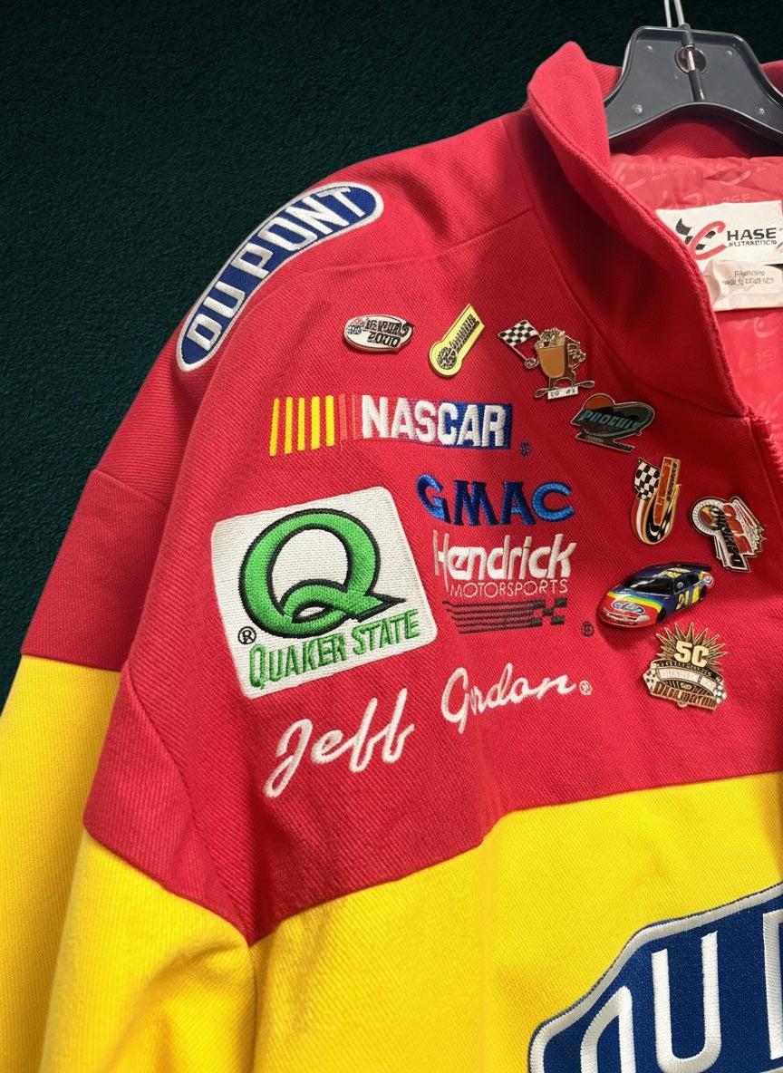 My Store vintage Chase Authentics Jeff Gordon NASCAR racing jacket with embroidered sponsor patches and metal pins.
