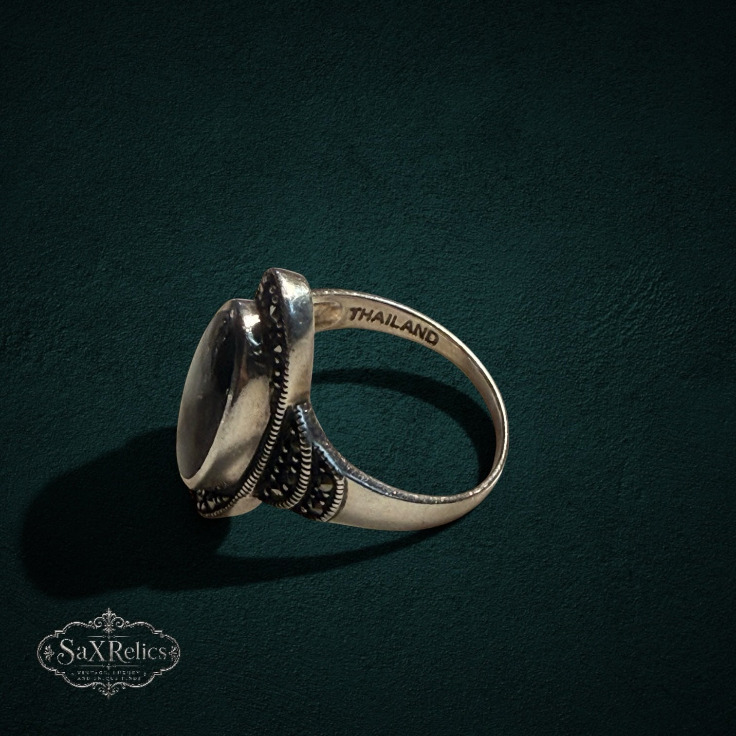 My Store vintage style 925 sterling silver oval black onyx statement ring with marcasite detailing and Thailand stamp