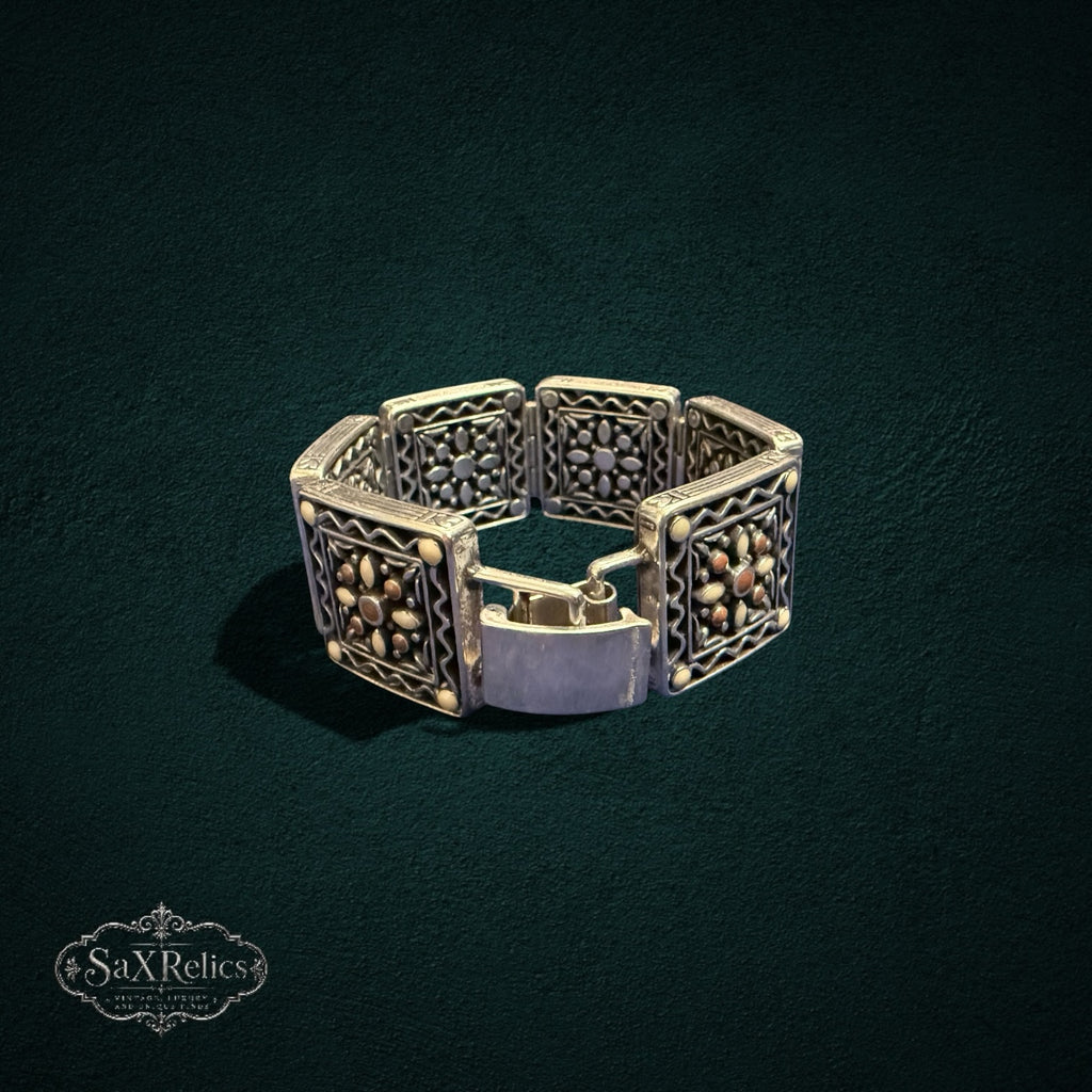 SaX Relics Brighton silver-plated square link bracelet showing embossed geometric faces and color inlay