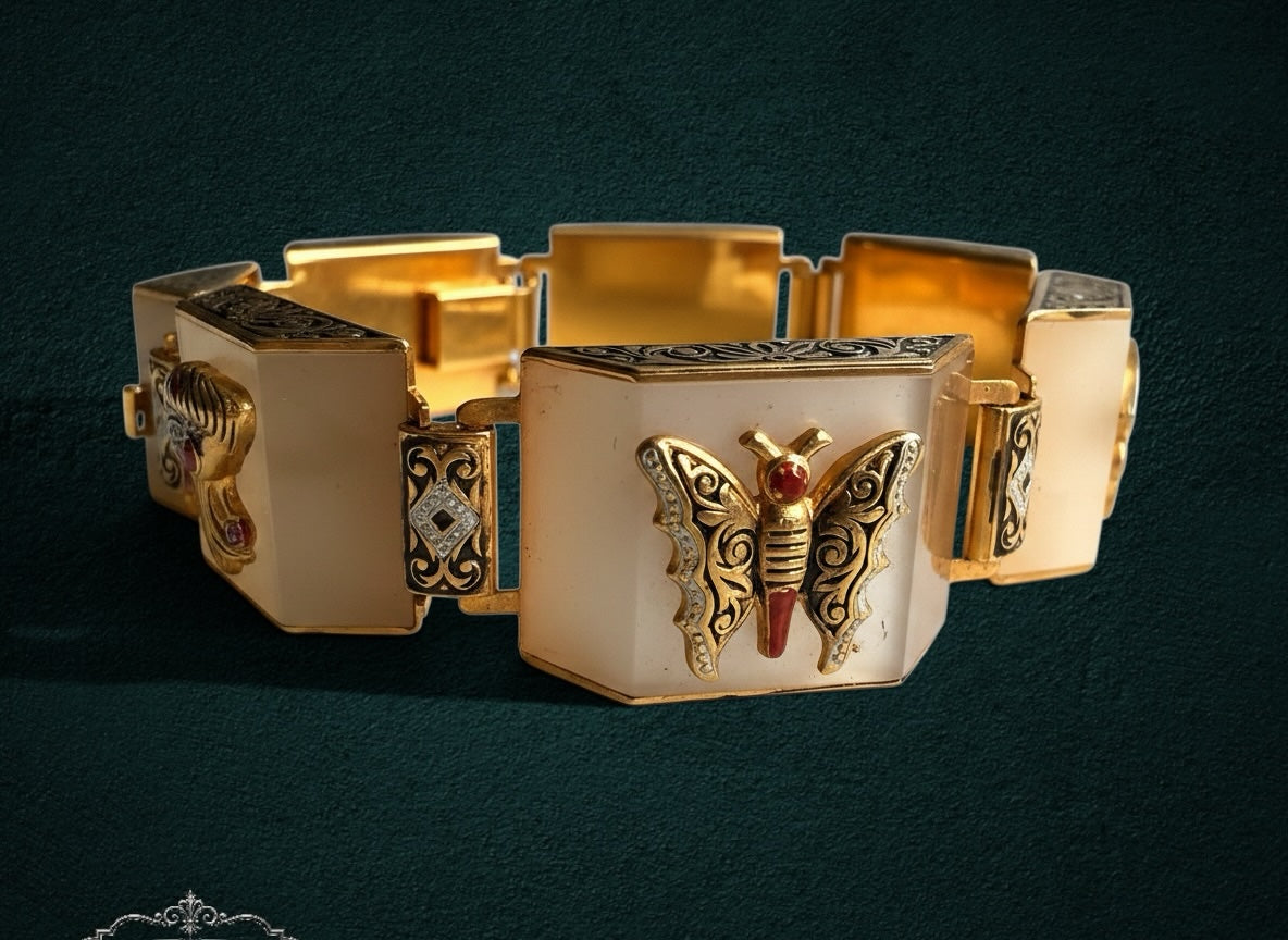 My Store vintage link bracelet with cream resin panels, gold filigree, and butterfly motifs on a dark background.