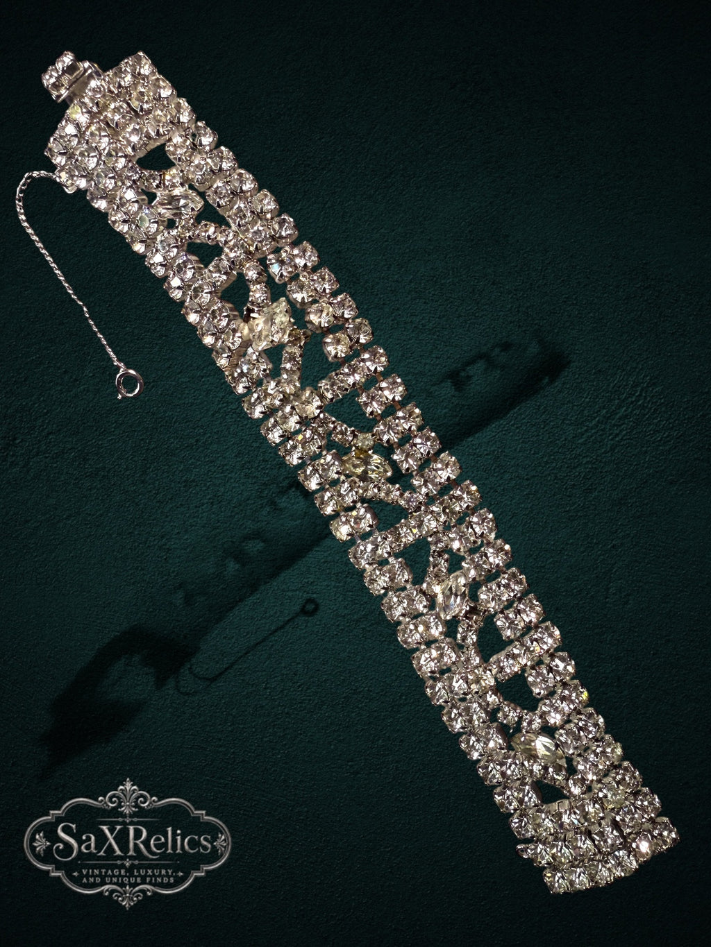 Vintage rhinestone statement cuff bracelet with clear crystals and marquise-cut stones in silver-tone metal