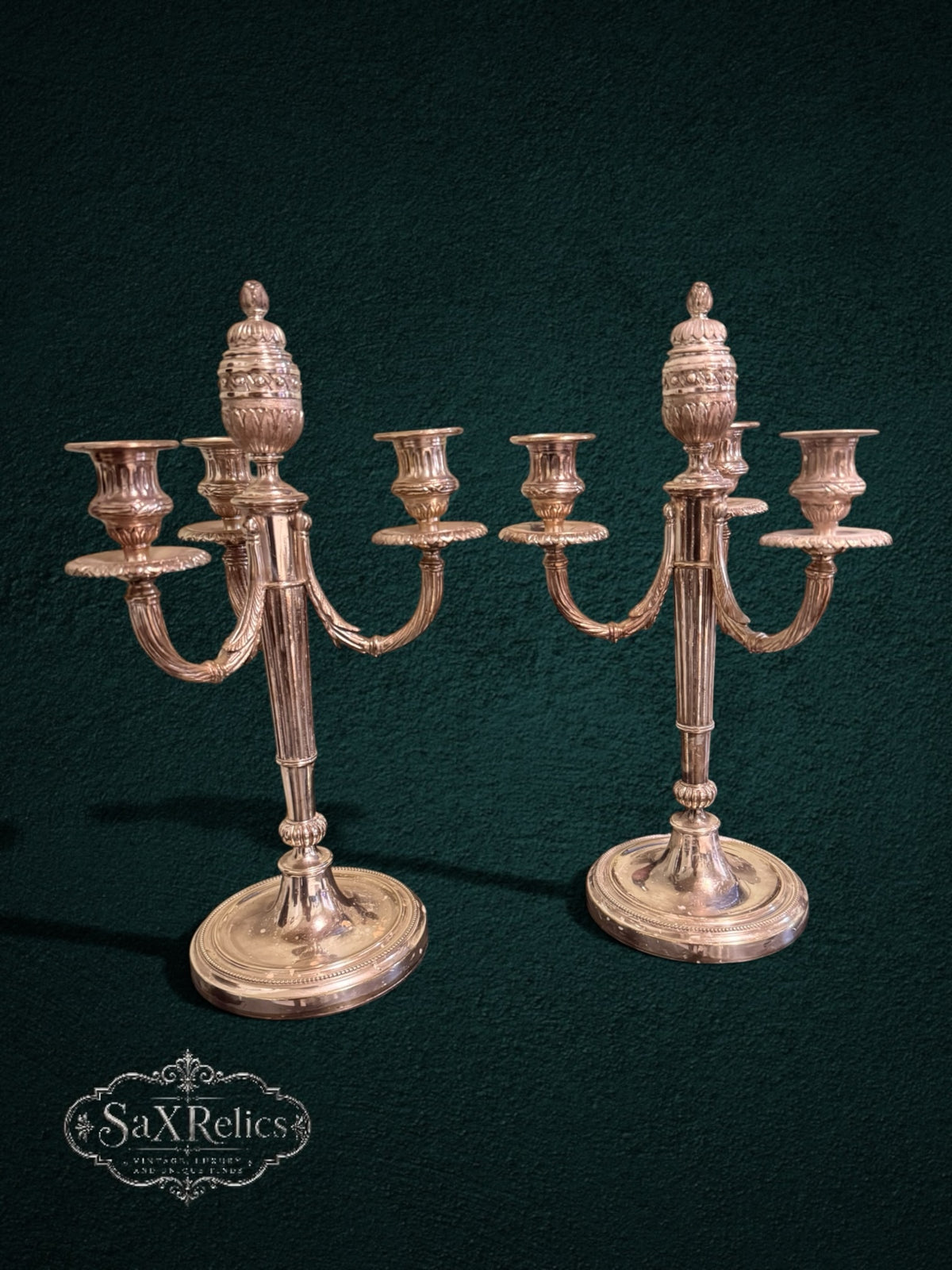 My Store vintage silver-plated three-light candelabras with ornate fluted stems and decorative detailing