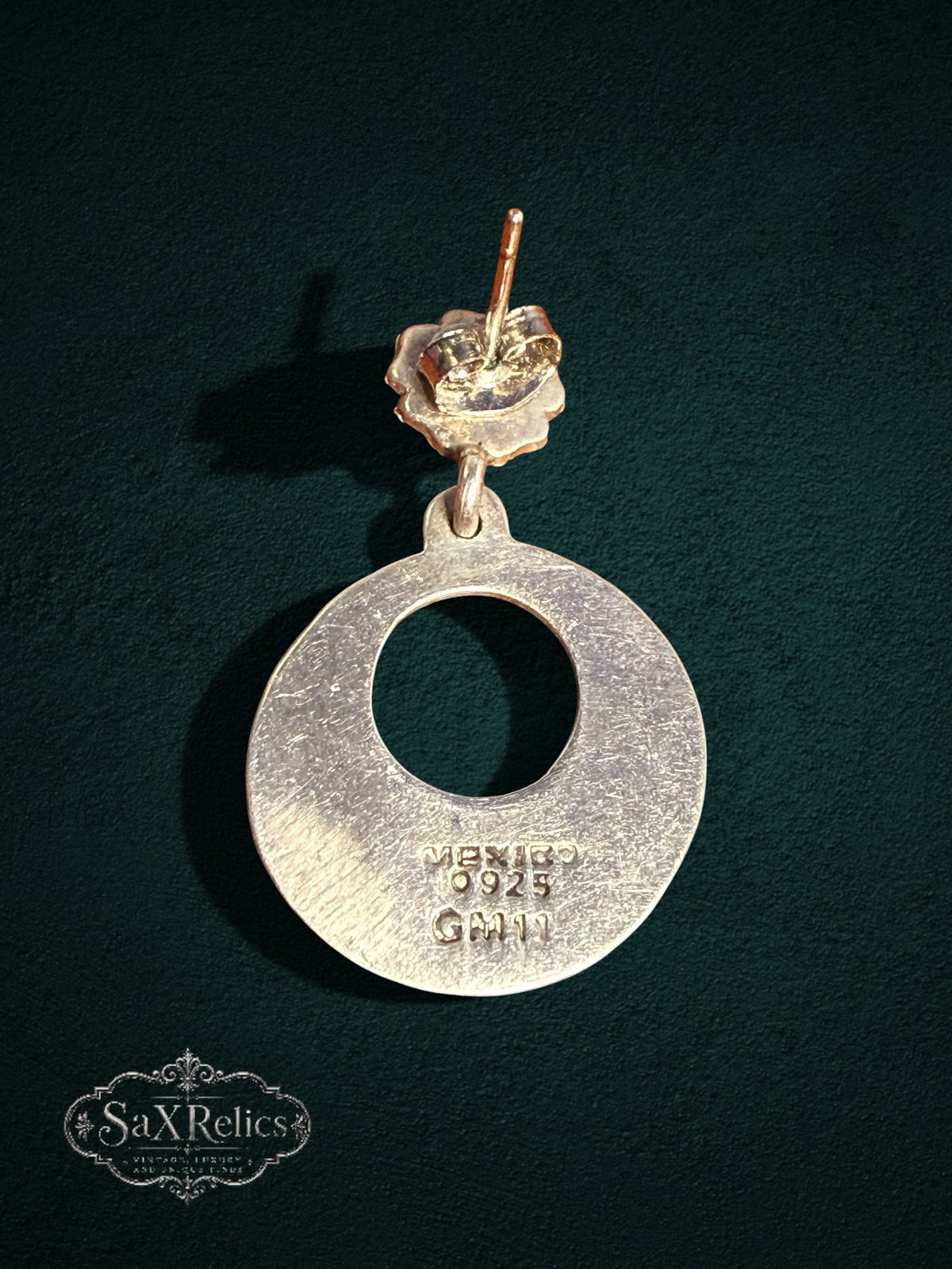 My Store vintage Mexican sterling silver drop earrings showing the 925 hallmark and circular floral design