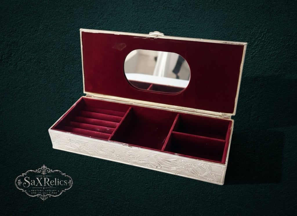 My Store vintage silver-tone metal jewelry box with embossed bird and floral motif and red velvet interior with mirror