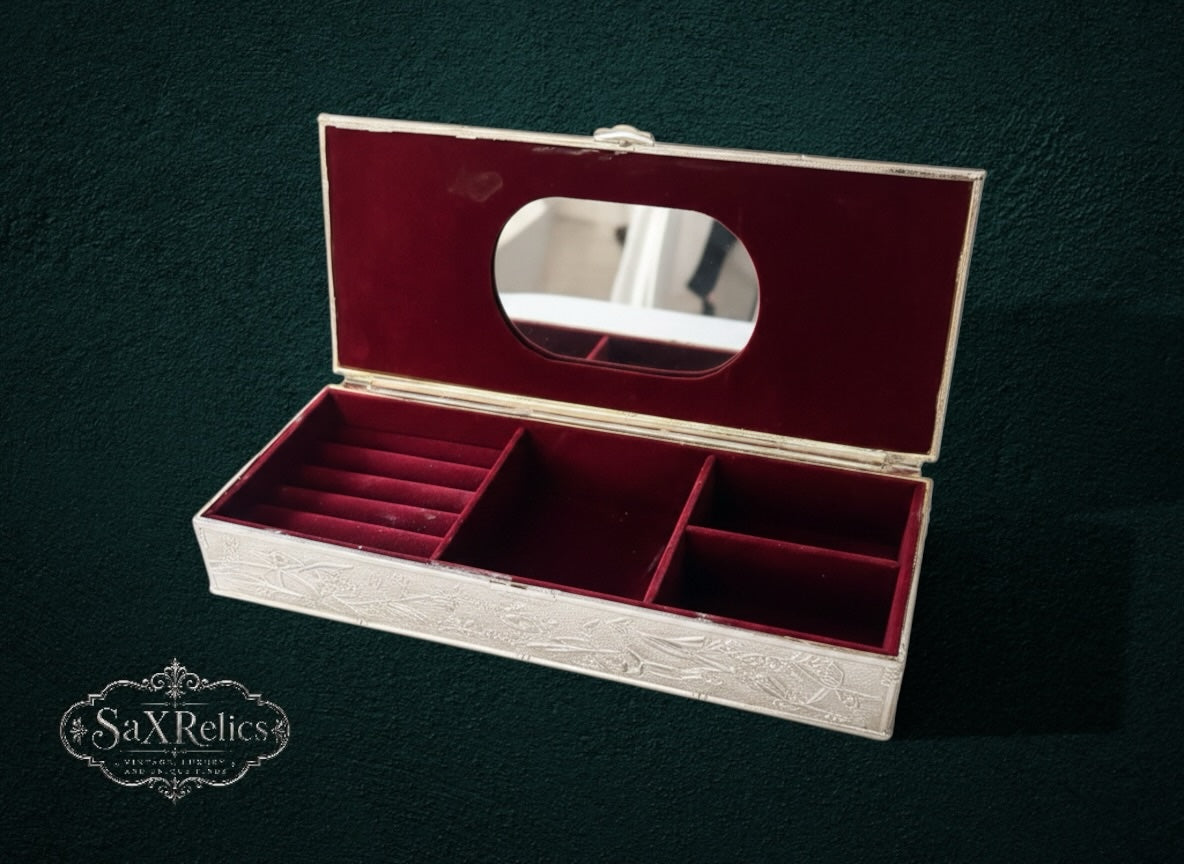 My Store vintage silver-tone metal jewelry box with embossed bird and floral motif and red velvet interior with mirror