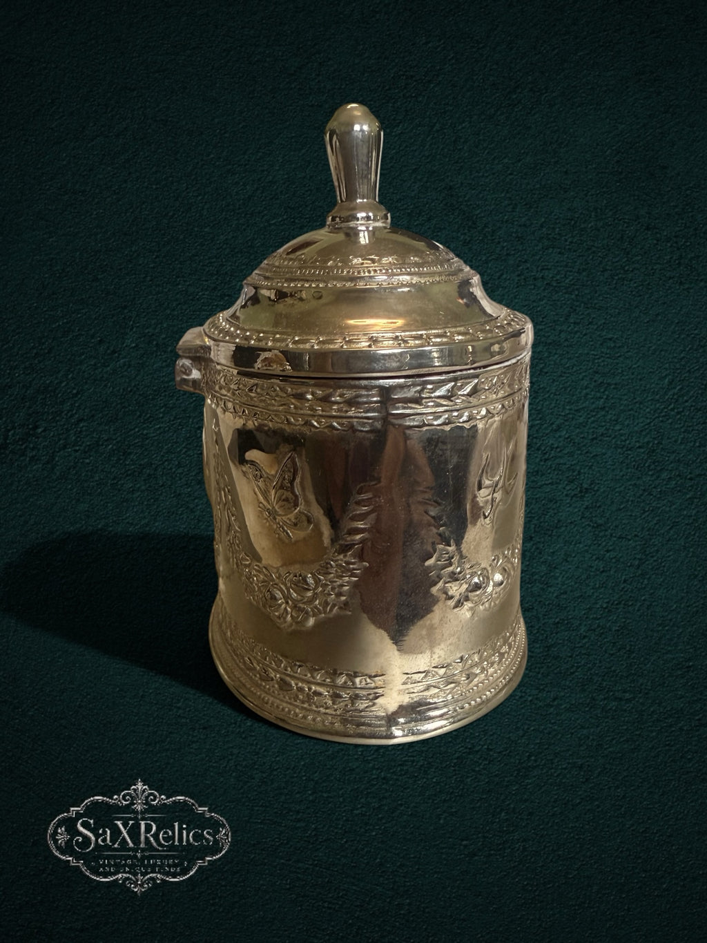 My Store vintage silver-plated keepsake box with intricate embossed floral motifs and a classic finial lid handle