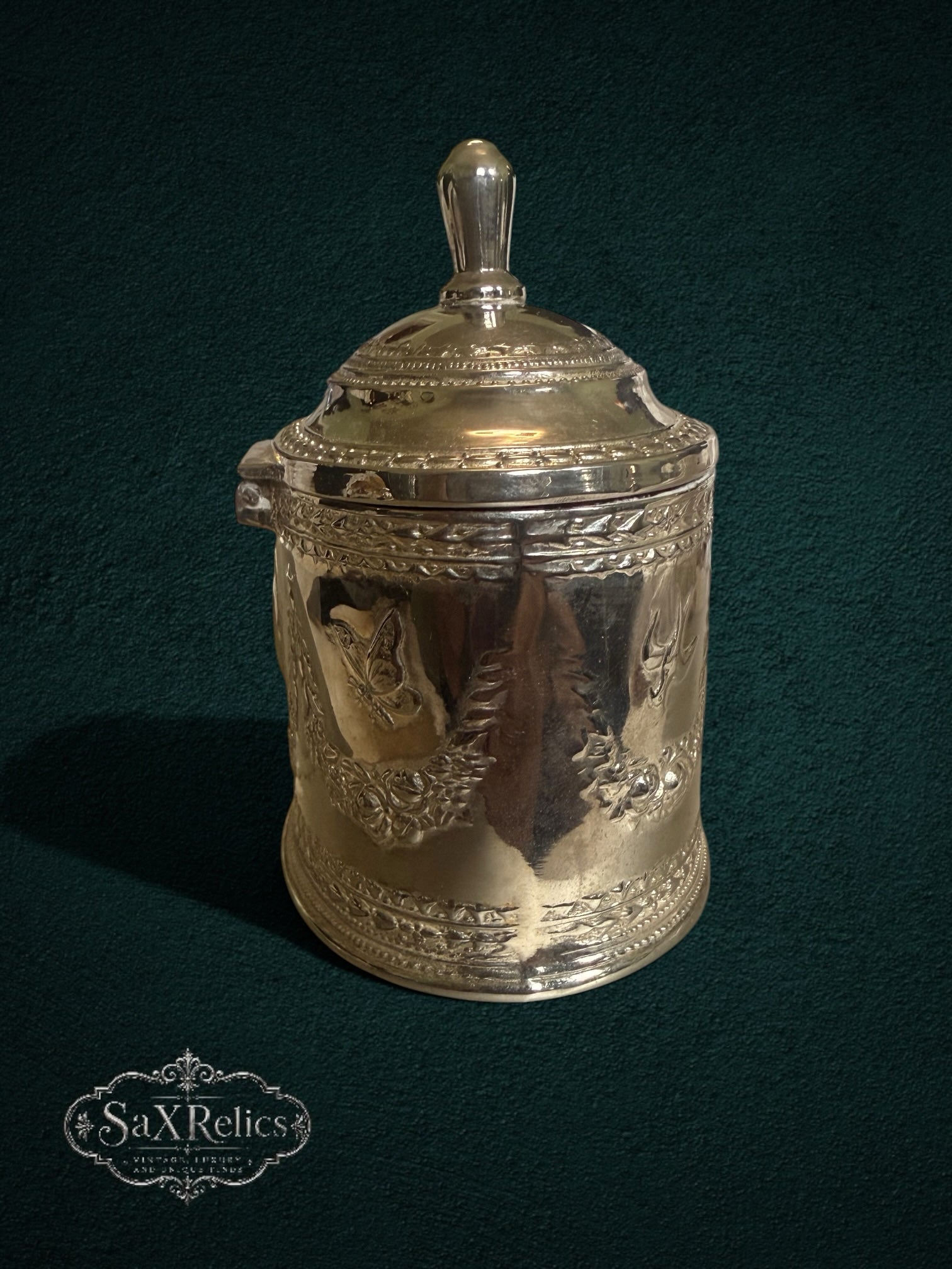 My Store vintage silver-plated keepsake box with intricate embossed floral motifs and a classic finial lid handle