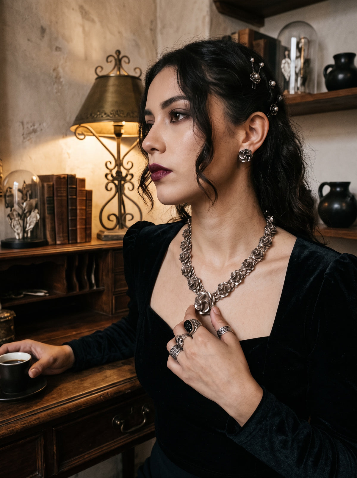 SaX Relics — Rosal vintage sterling silver rose necklace worn with a black velvet dress.