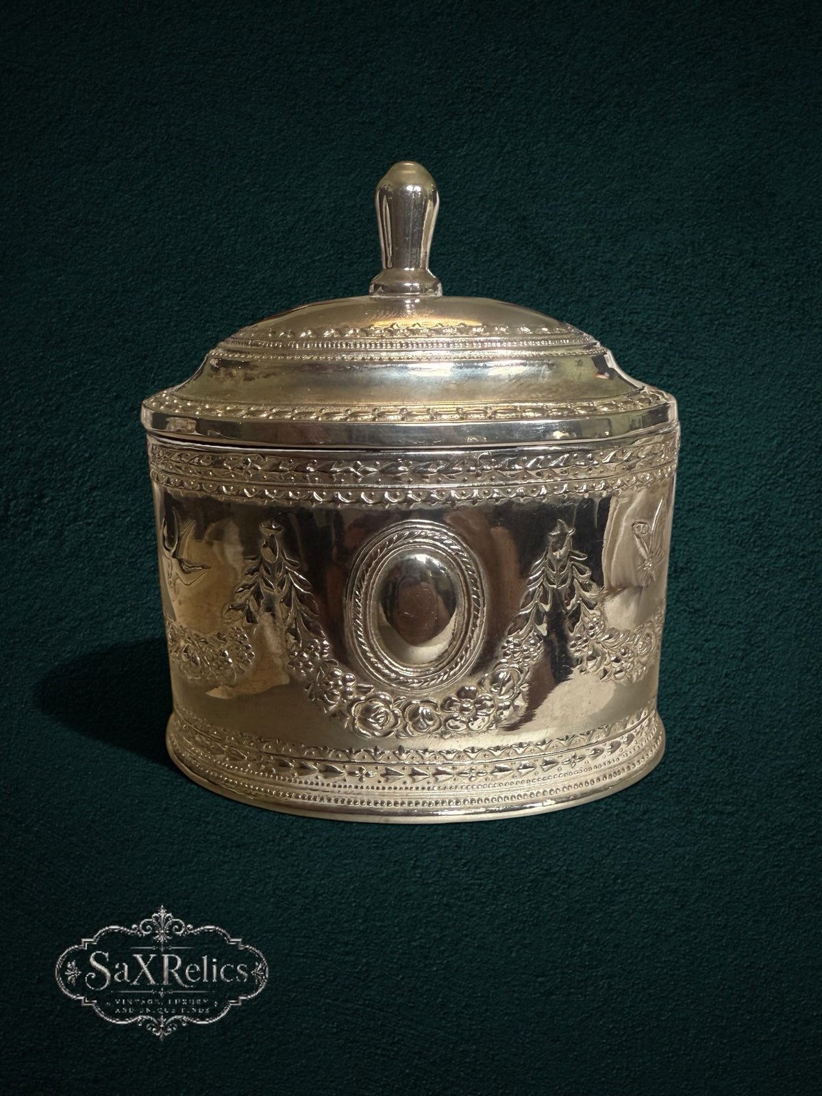 My Store vintage silver-plated keepsake box with intricate embossed floral motifs and a classic finial lid handle.