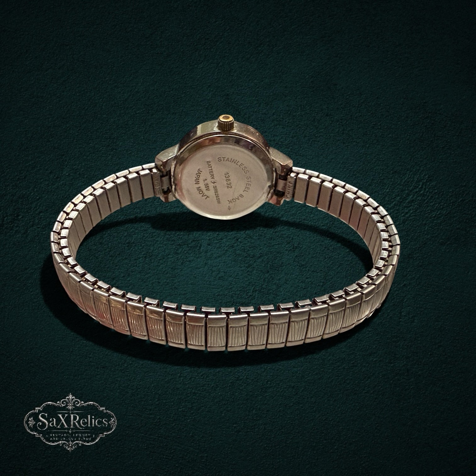 SaX Relics vintage silver-tone ladies' watch, back view showing the stainless steel caseback
