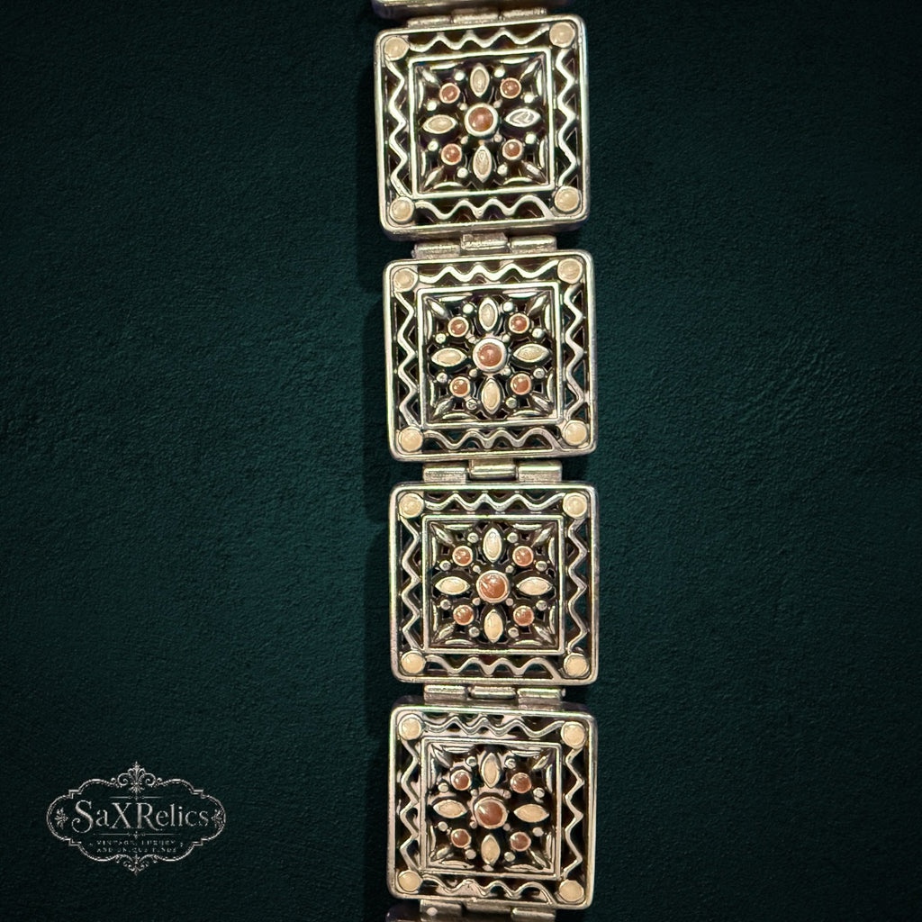 SaX Relics Brighton silver-plated embossed square link bracelet on a dark background