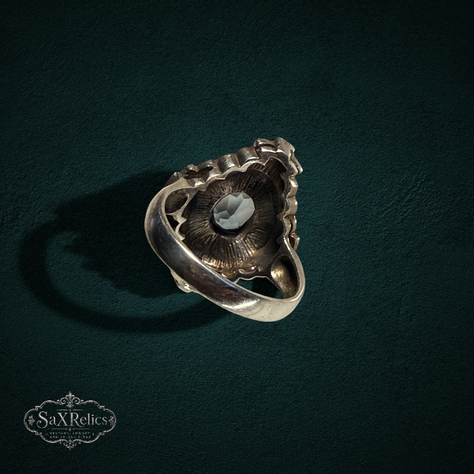 My Store vintage style sterling silver statement ring with an oval light blue stone and ornate marcasite accents.