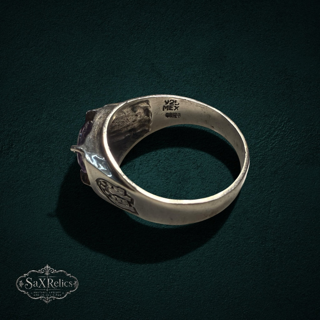 My Store vintage 925 sterling silver ring with purple stone and horseshoe detail showing 925 MEX hallmark inside band