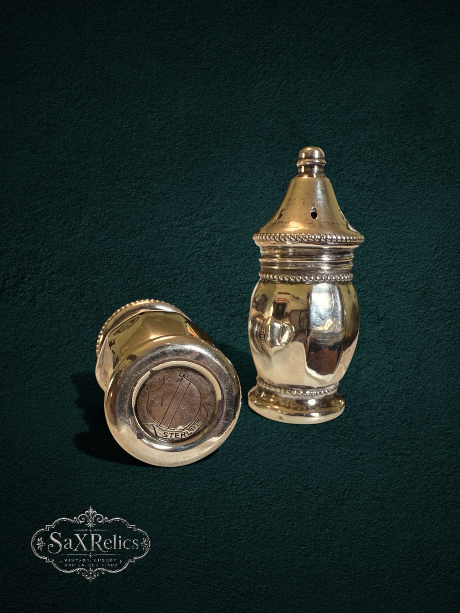My Store vintage sterling silver salt and pepper shakers with polished finish and beaded detailing on dark background