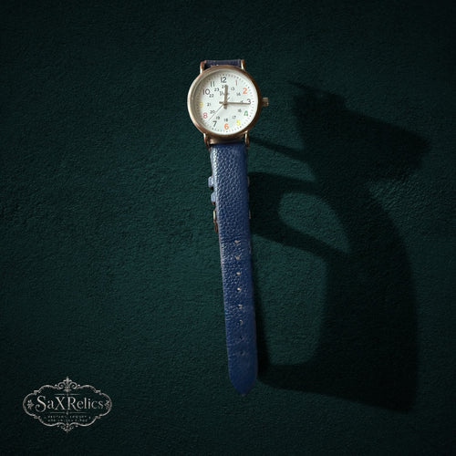 My Store Vivani analog wristwatch with a white dial, multi-colored numerals, gold-tone case, and blue leather strap.