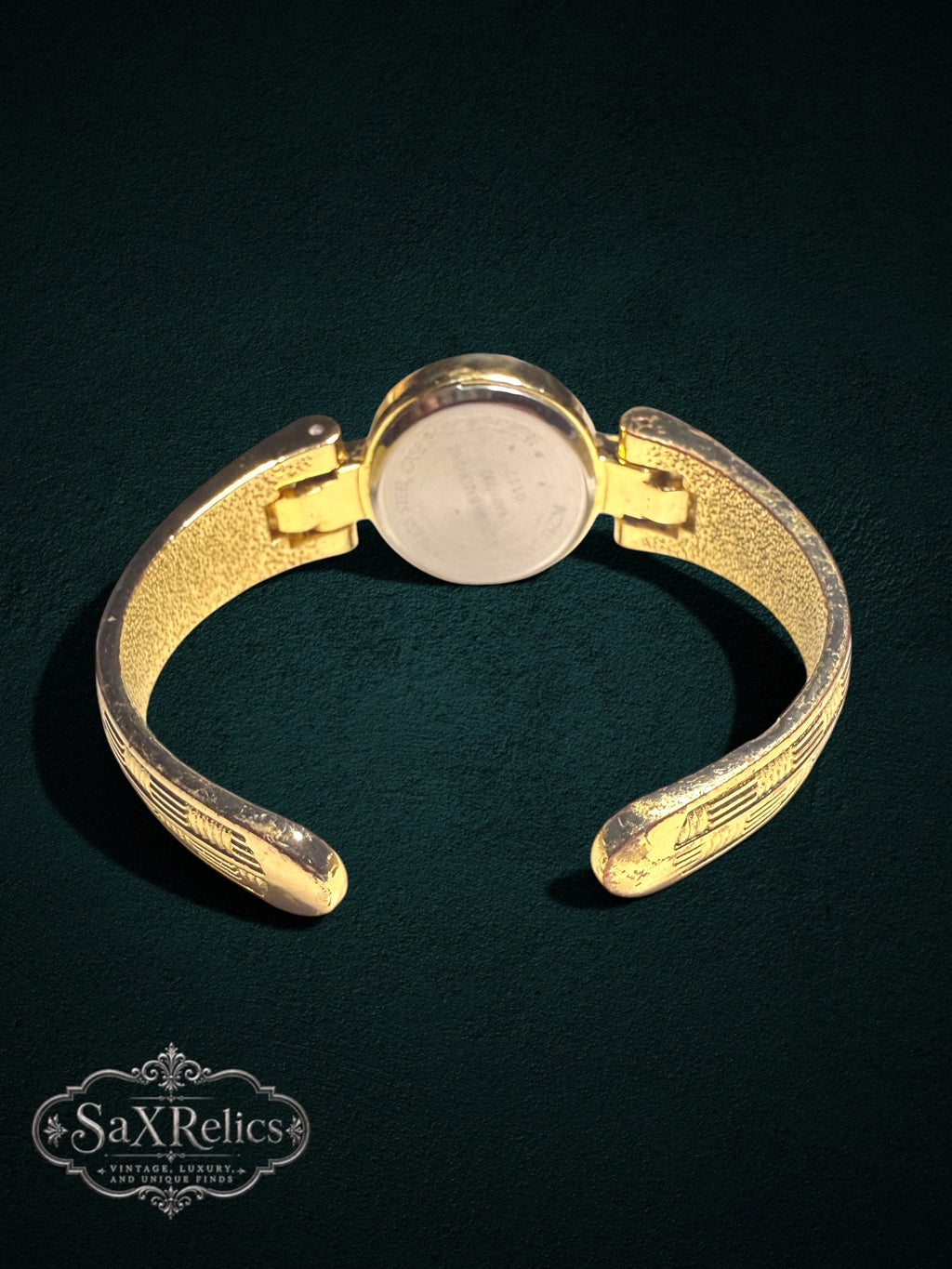 My Store Vivani gold-tone vintage cuff watch with textured geometric band and open-cuff design, back view
