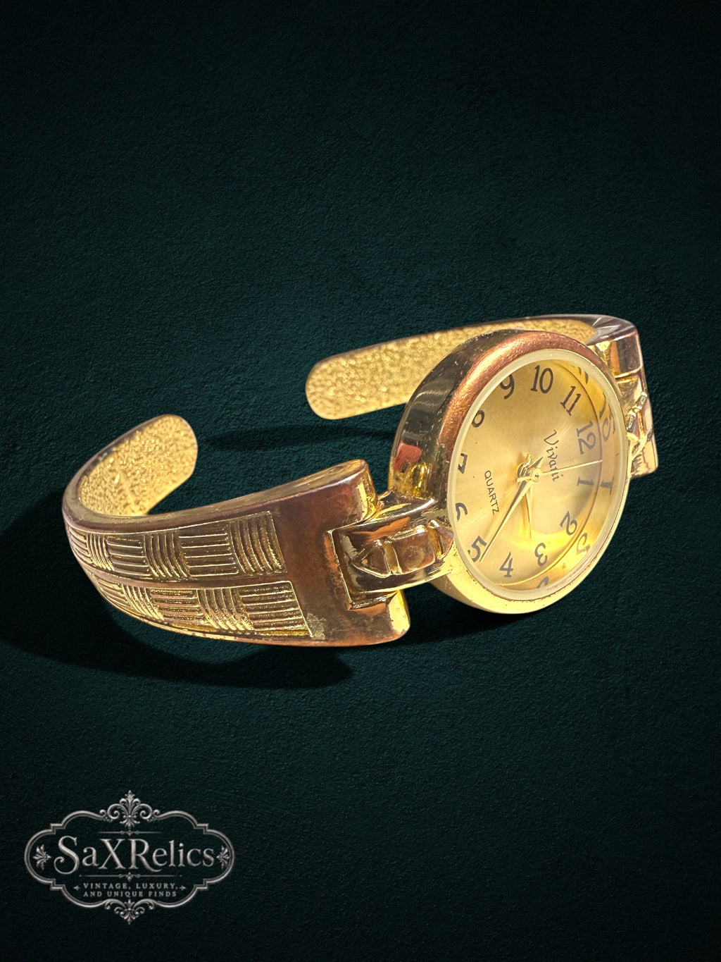 My Store Vivani gold-tone quartz cuff watch with a textured geometric band and round dial for a vintage aesthetic.