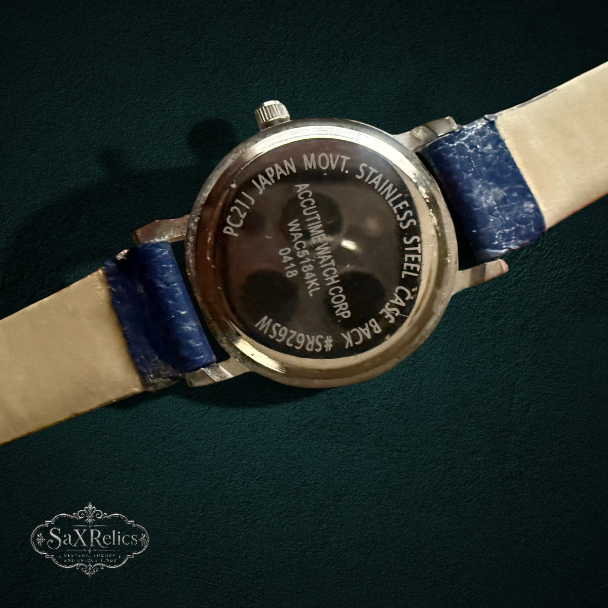 My Store Vivani analog watch stainless steel case back with blue leather strap details