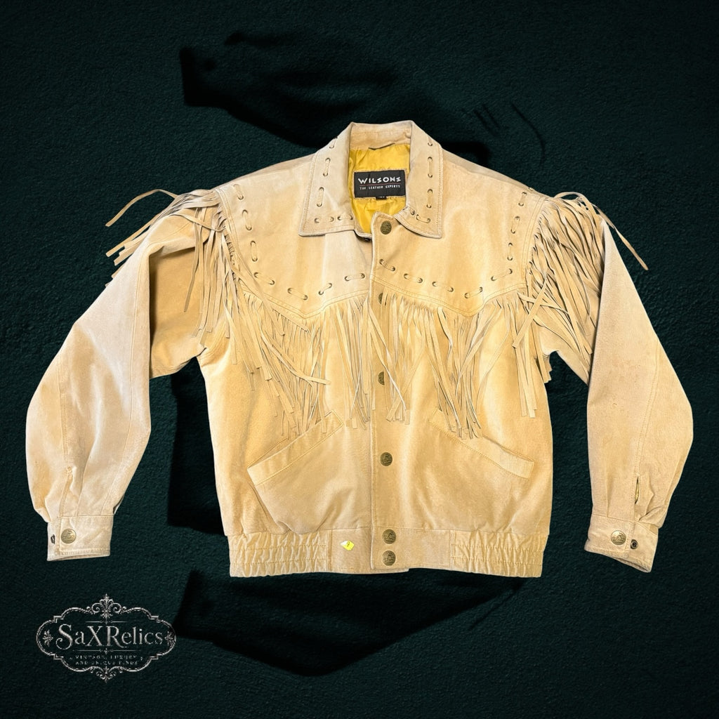 My Store vintage tan suede western jacket with fringe, leather lacing, and gold lining by Wilsons The Leather Experts