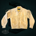 My Store vintage tan suede western jacket with fringe, leather lacing, and gold lining by Wilsons The Leather Experts