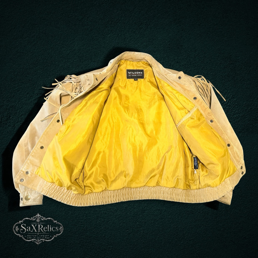 My Store Wilsons The Leather Experts tan suede western jacket with fringe and vibrant gold interior lining