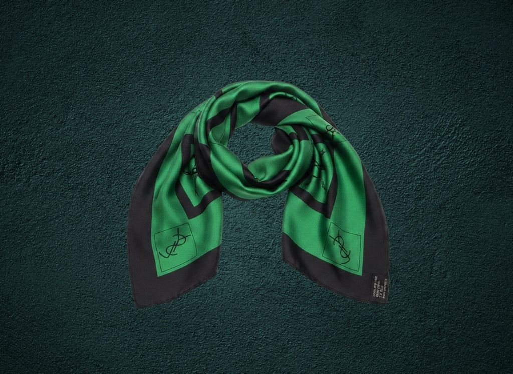 My Store vintage Yves Saint Laurent square silk scarf in emerald green with black border and iconic YSL monogram.