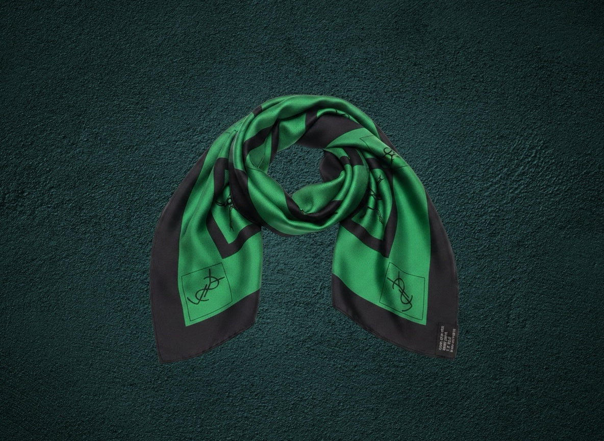 My Store vintage Yves Saint Laurent square silk scarf in emerald green with black border and iconic YSL monogram.