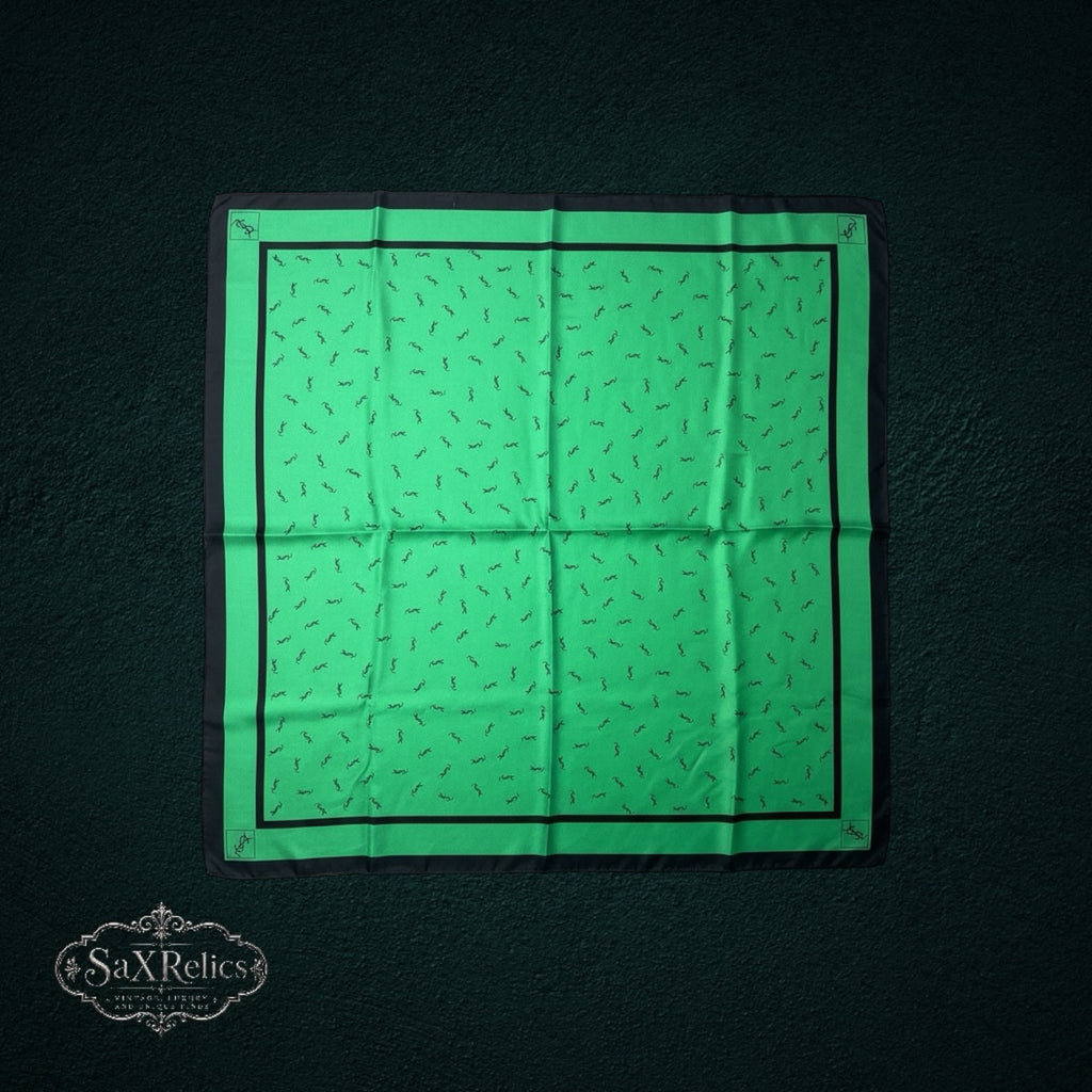 My Store vintage Yves Saint Laurent square silk scarf in emerald green with black monogram pattern and border